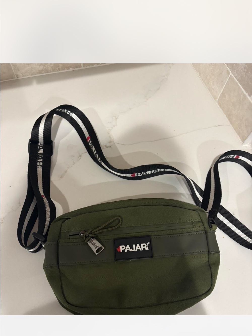 Pajar Olive Green Crossbody Belt Bag with Black & White Strap